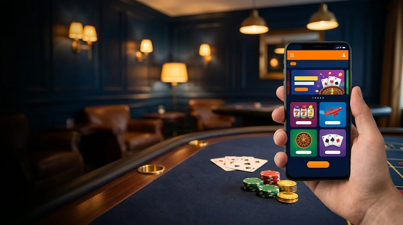 Telefon v ruce u blackjackového stolu, modrá záře displeje