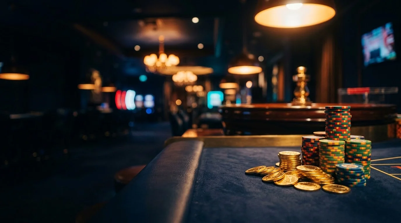 Zlaté a barevné žetony, balíček bankovek a rozmazaná ruleta