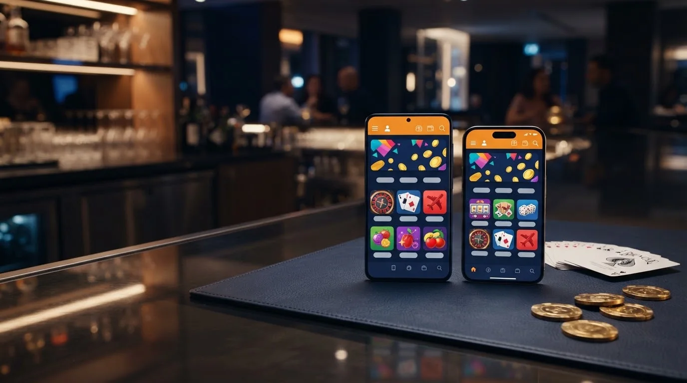Dva telefony, Samsung a iPhone, na tmavém stole s kartami a žetony